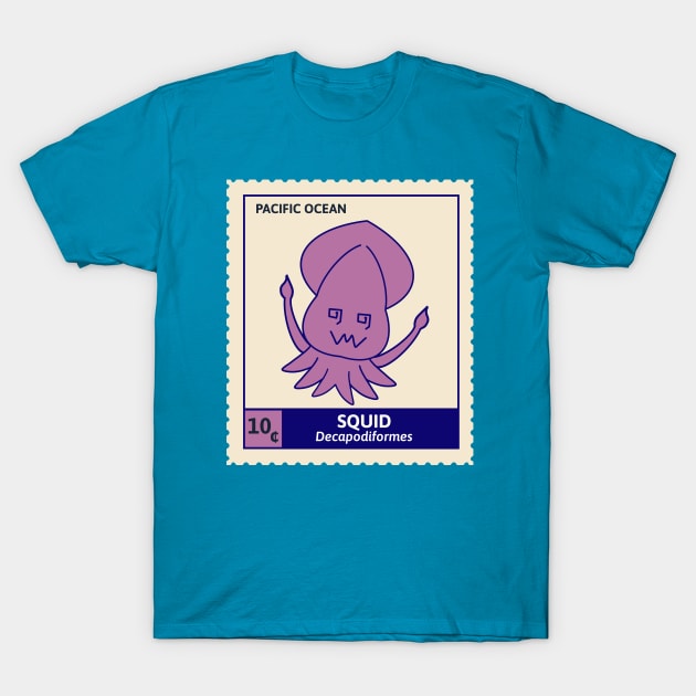 Kawaii Cute Silly Purple Squid, Ocean Stamp Collection, Stamp Collector T-Shirt by vystudio